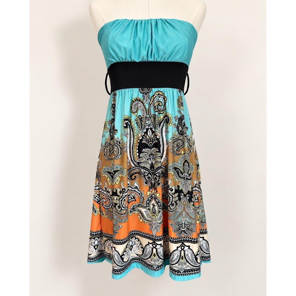 Body Central Y2K Strapless Paisley Print Dress Turquoise Black Sz M